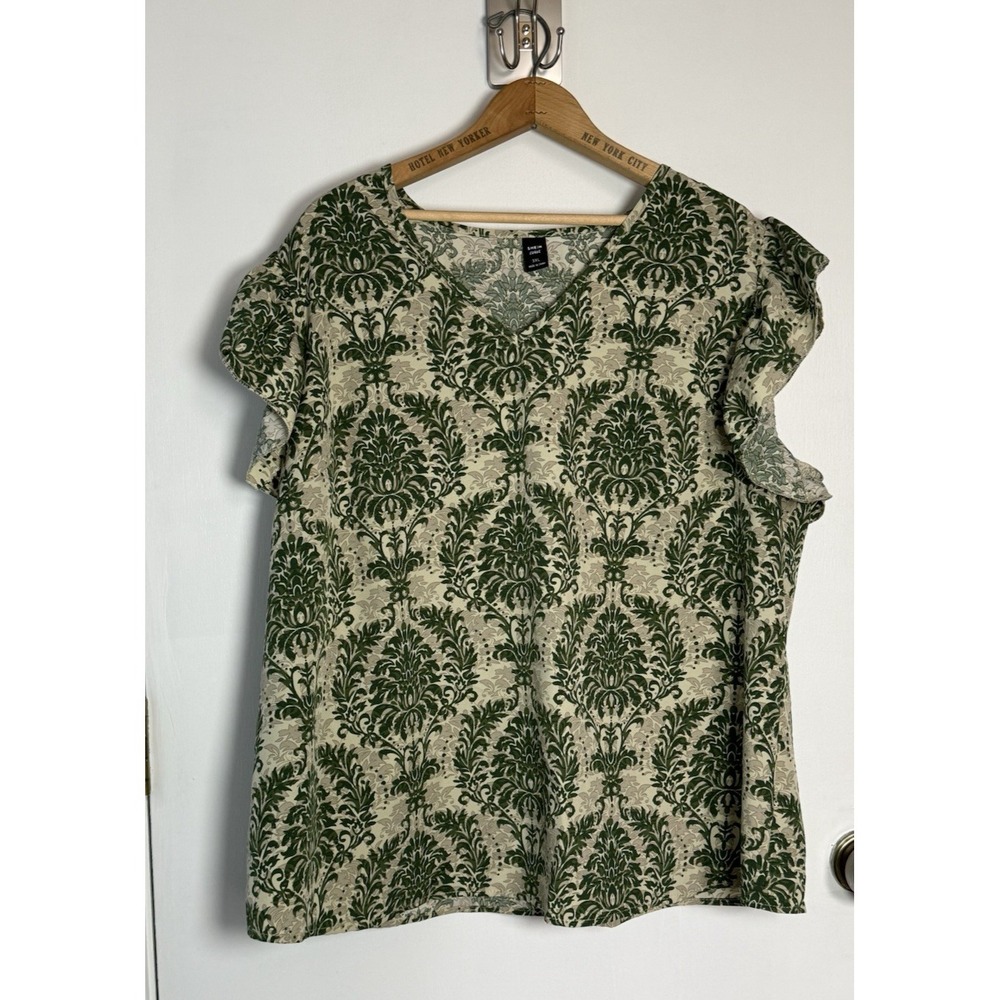 SheIn Curve Damask Print Blouse, Green Beige Ruffle Short Sleeves, V-Neck 3XL